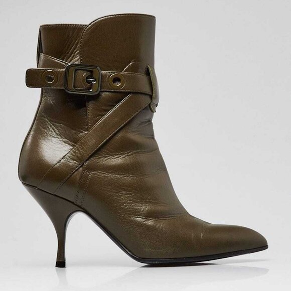 Bottega Veneta Dark Green Leather Pointed Toe Ankle Booties Size 6.5/37 - Picture 4 of 5